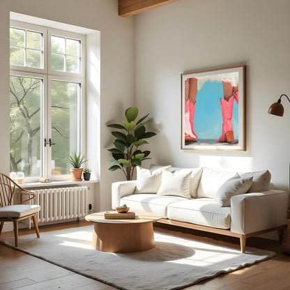 Embrace a sense of whimsy with this charming artwork featuring two figures in playful, pink cowboy for Living Room