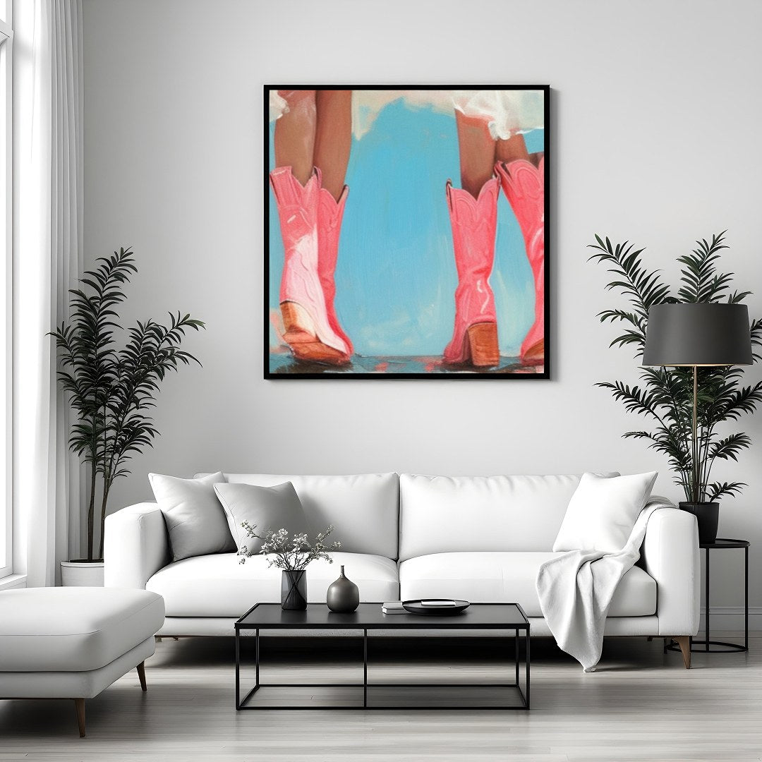 Embrace a sense of whimsy with this charming artwork featuring two figures in playful, pink cowboy for Sitting Area