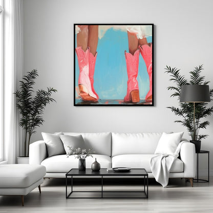 Embrace a sense of whimsy with this charming artwork featuring two figures in playful, pink cowboy for Sitting Area