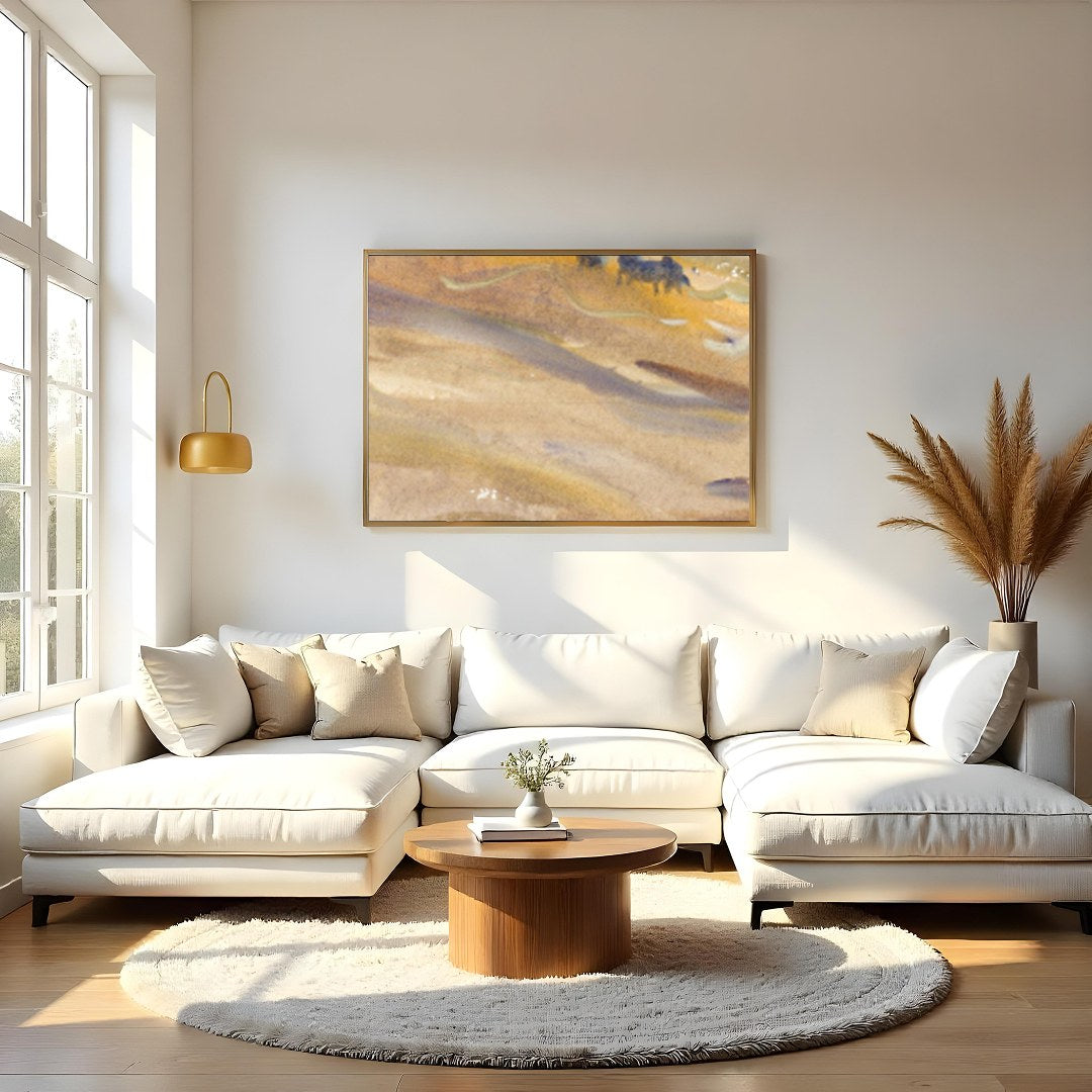 Immerse yourself in the serene beauty of this abstract landscape. With sweeping strokes of pastel for Living Room