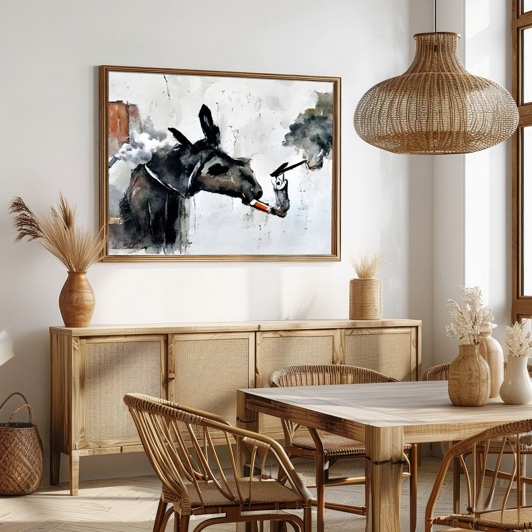Add a touch of whimsy to your space with this imaginative artwork featuring a donkey engaged in an for Dining