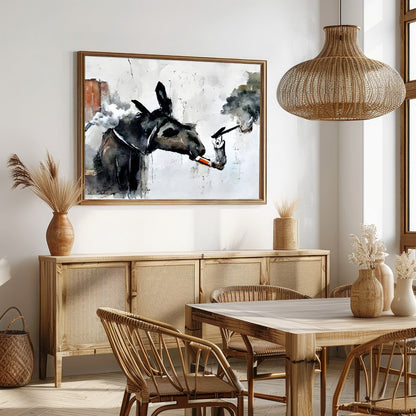Add a touch of whimsy to your space with this imaginative artwork featuring a donkey engaged in an for Dining