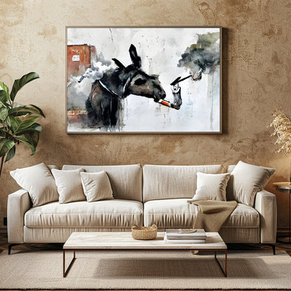 Add a touch of whimsy to your space with this imaginative artwork featuring a donkey engaged in an for Family Room