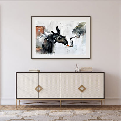Add a touch of whimsy to your space with this imaginative artwork featuring a donkey engaged in an for Foyer