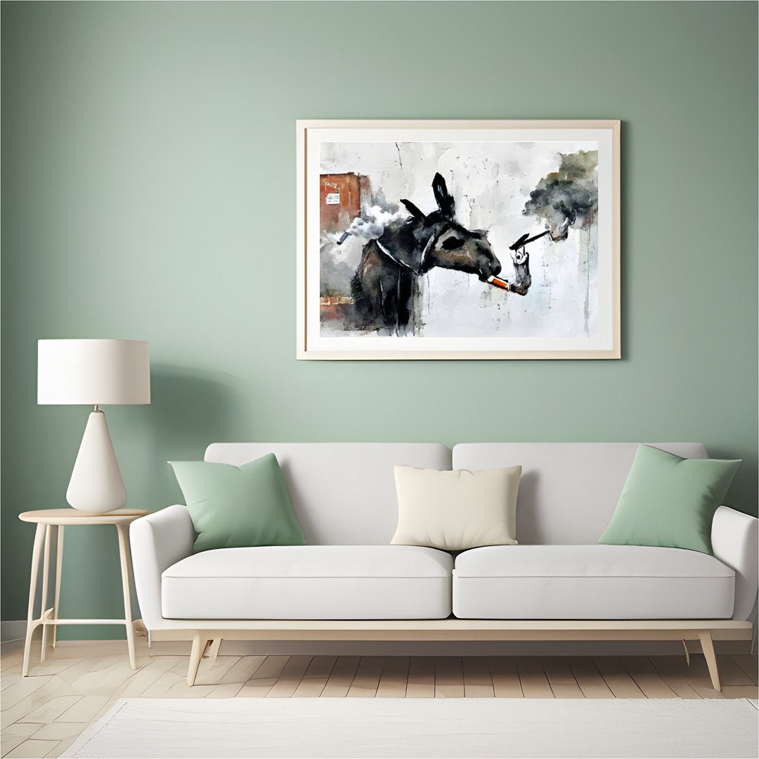 Add a touch of whimsy to your space with this imaginative artwork featuring a donkey engaged in an for Hall