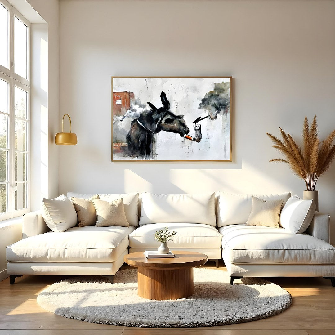 Add a touch of whimsy to your space with this imaginative artwork featuring a donkey engaged in an for Living Room