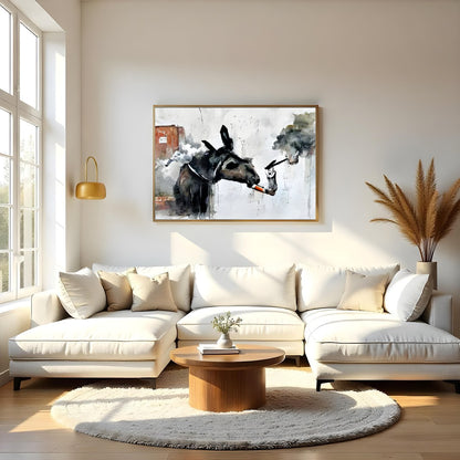 Add a touch of whimsy to your space with this imaginative artwork featuring a donkey engaged in an for Living Room