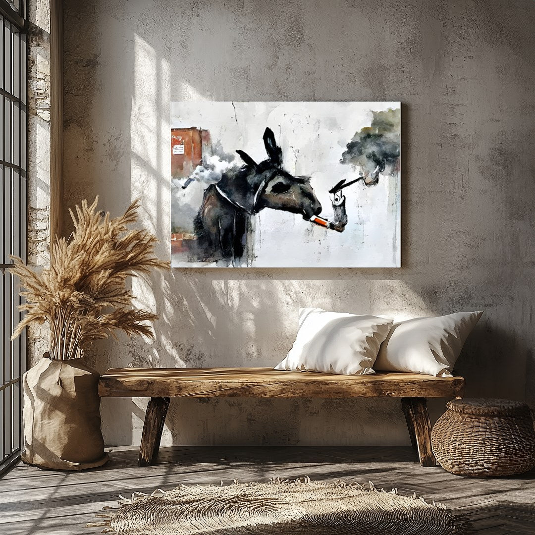 Add a touch of whimsy to your space with this imaginative artwork featuring a donkey engaged in an for Veranda