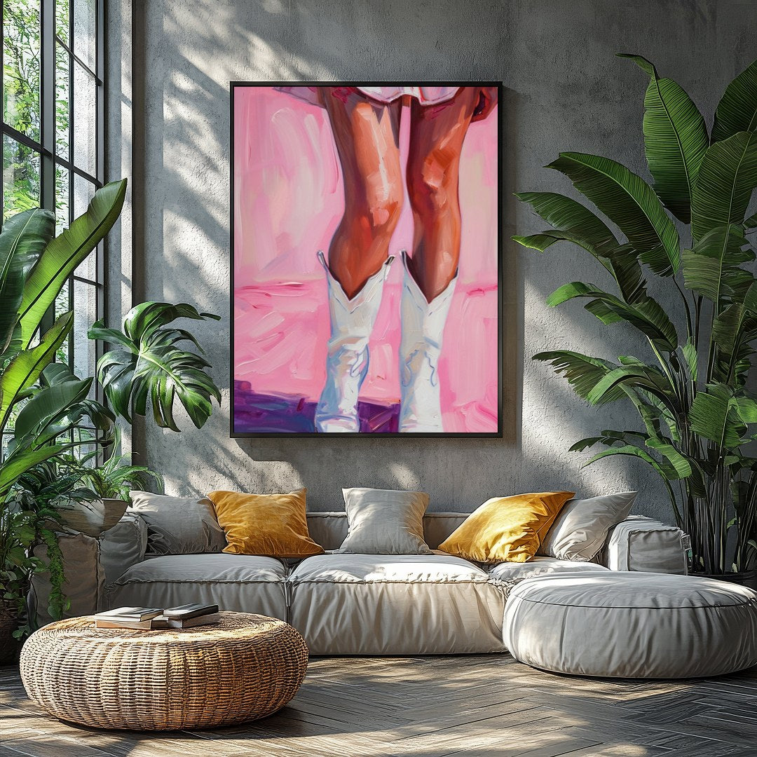 This captivating artwork features a playful yet elegant depiction of a figure in white boots set for Balcony