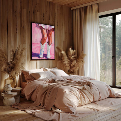 This captivating artwork features a playful yet elegant depiction of a figure in white boots set for Bedroom