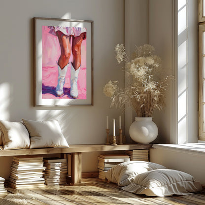This captivating artwork features a playful yet elegant depiction of a figure in white boots set for decor