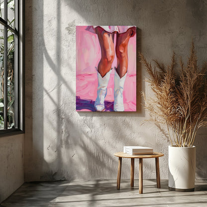 This captivating artwork features a playful yet elegant depiction of a figure in white boots set for Entrance