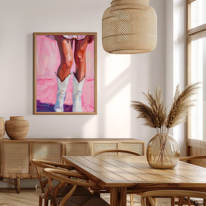 This captivating artwork features a playful yet elegant depiction of a figure in white boots set for Extra Kitchen