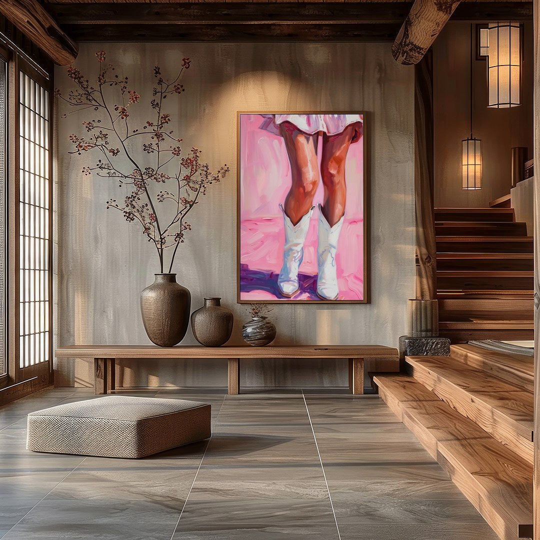 This captivating artwork features a playful yet elegant depiction of a figure in white boots set for Hall