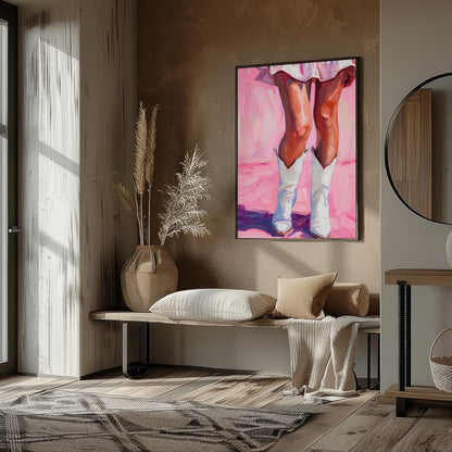 This captivating artwork features a playful yet elegant depiction of a figure in white boots set for kitchen