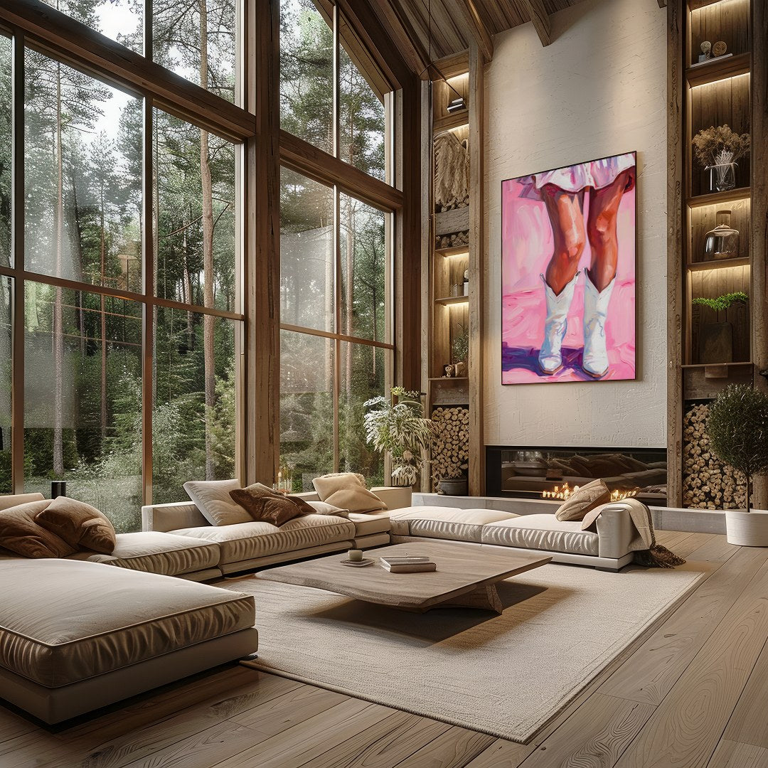 This captivating artwork features a playful yet elegant depiction of a figure in white boots set for Living Room