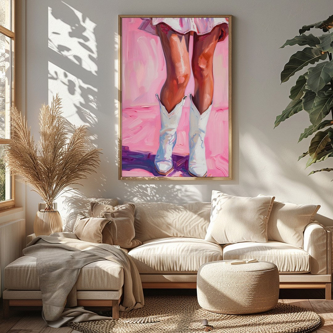 This captivating artwork features a playful yet elegant depiction of a figure in white boots set for Sitting Area