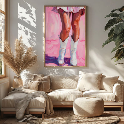 This captivating artwork features a playful yet elegant depiction of a figure in white boots set for Sitting Area