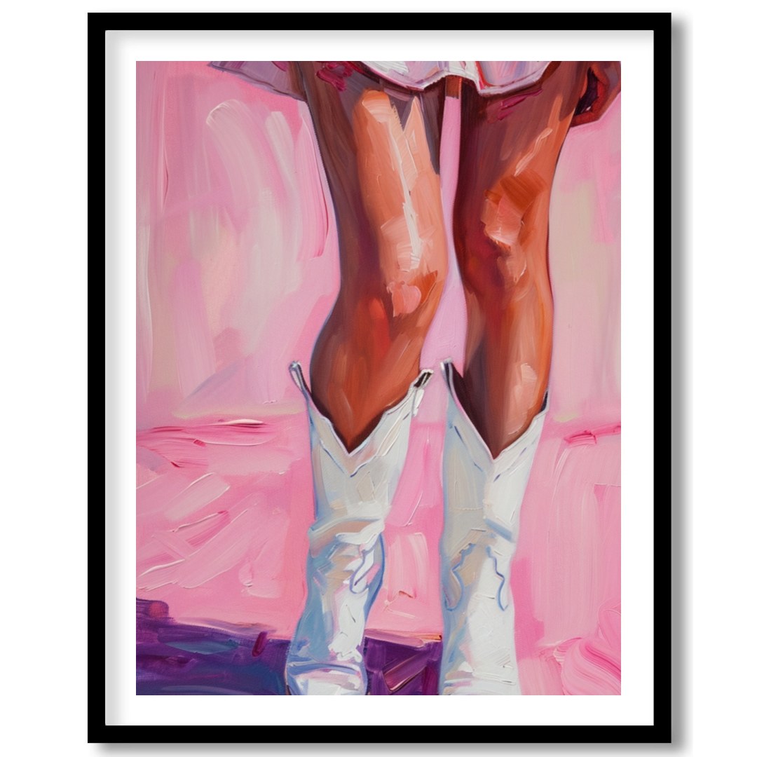 This captivating artwork features a playful yet elegant depiction of a figure in white boots set for sweet-home