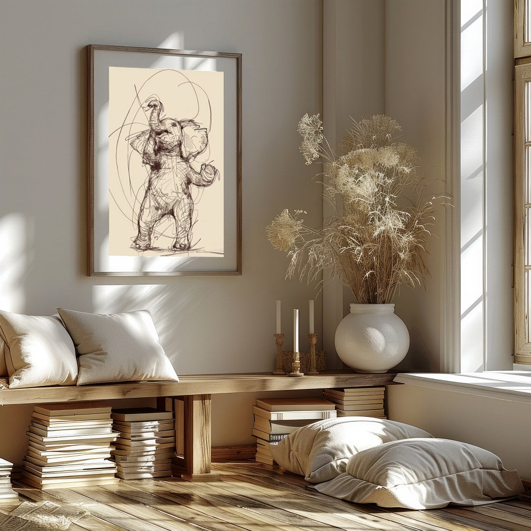 Embrace the playful elegance of this finely crafted elephant sketch. The delicate lines and for space