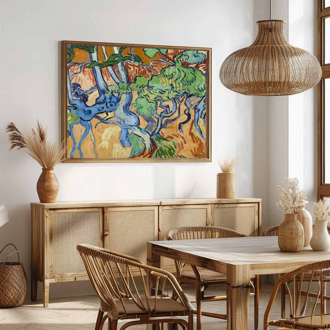 This captivating piece captures the dynamic energy of a forest with its swirling branches and for Dining