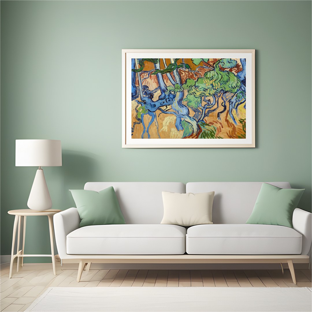 This captivating piece captures the dynamic energy of a forest with its swirling branches and for Hall