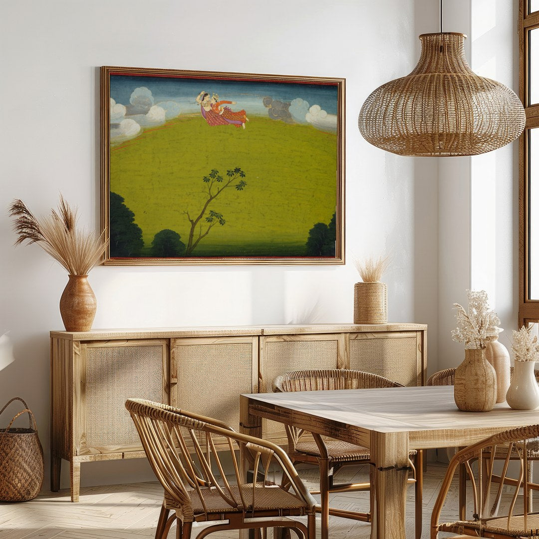 Experience the surreal beauty of 'Whimsical Flight Over Verdant Hills', where vibrant characters for Dining