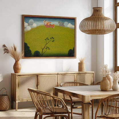 Experience the surreal beauty of 'Whimsical Flight Over Verdant Hills', where vibrant characters for Dining