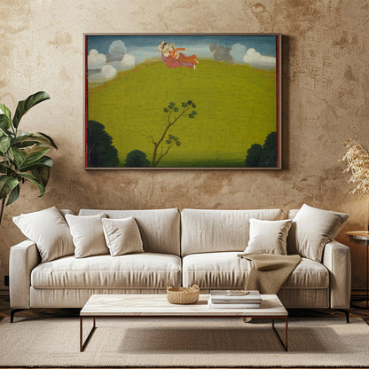 Experience the surreal beauty of 'Whimsical Flight Over Verdant Hills', where vibrant characters for Family Room