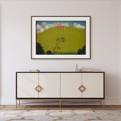 Experience the surreal beauty of 'Whimsical Flight Over Verdant Hills', where vibrant characters for Foyer