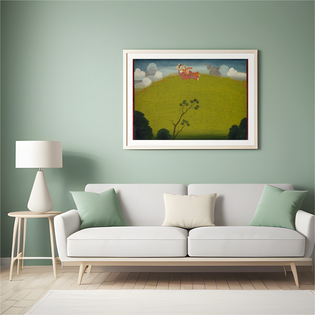 Experience the surreal beauty of 'Whimsical Flight Over Verdant Hills', where vibrant characters for Hall