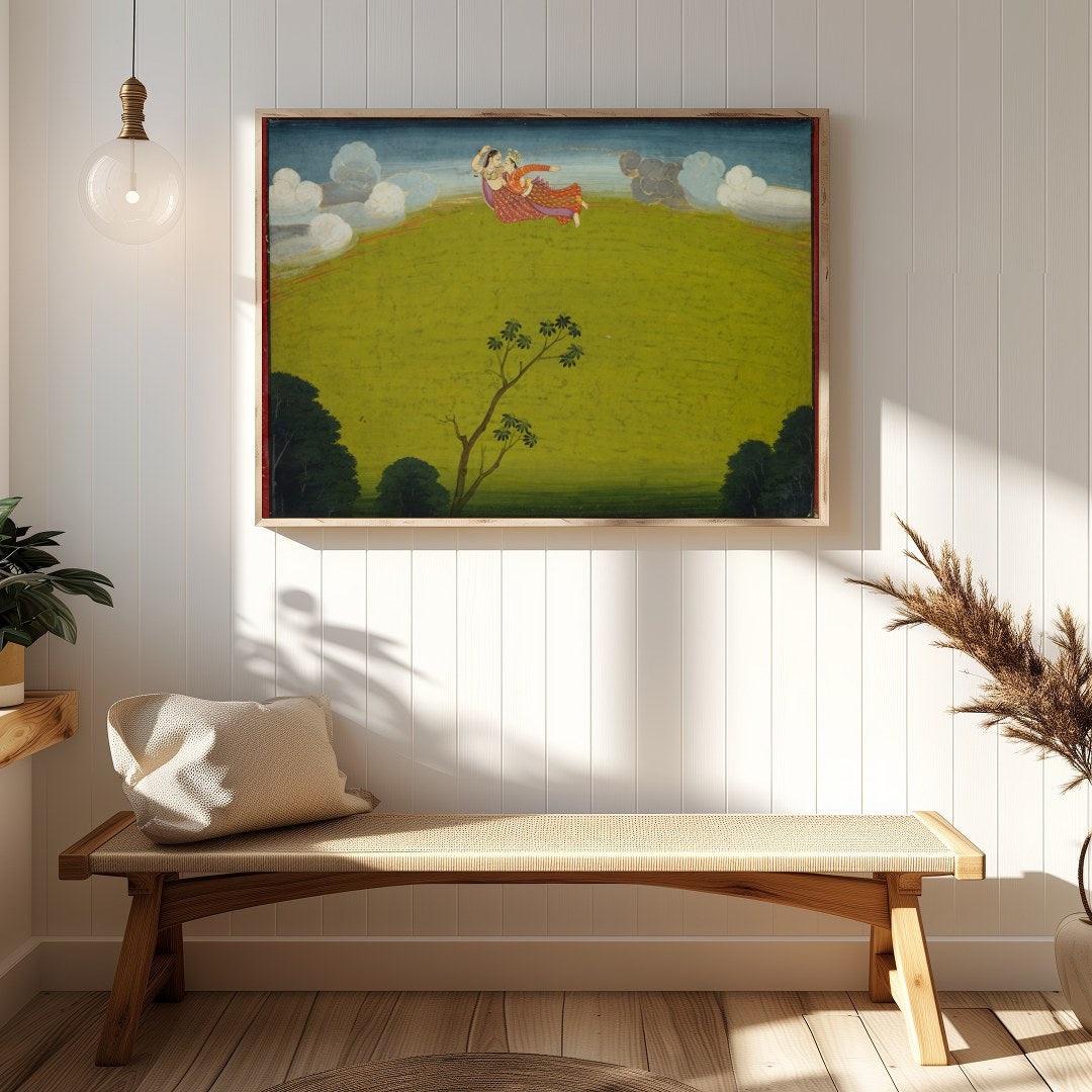 Experience the surreal beauty of 'Whimsical Flight Over Verdant Hills', where vibrant characters for Hallway