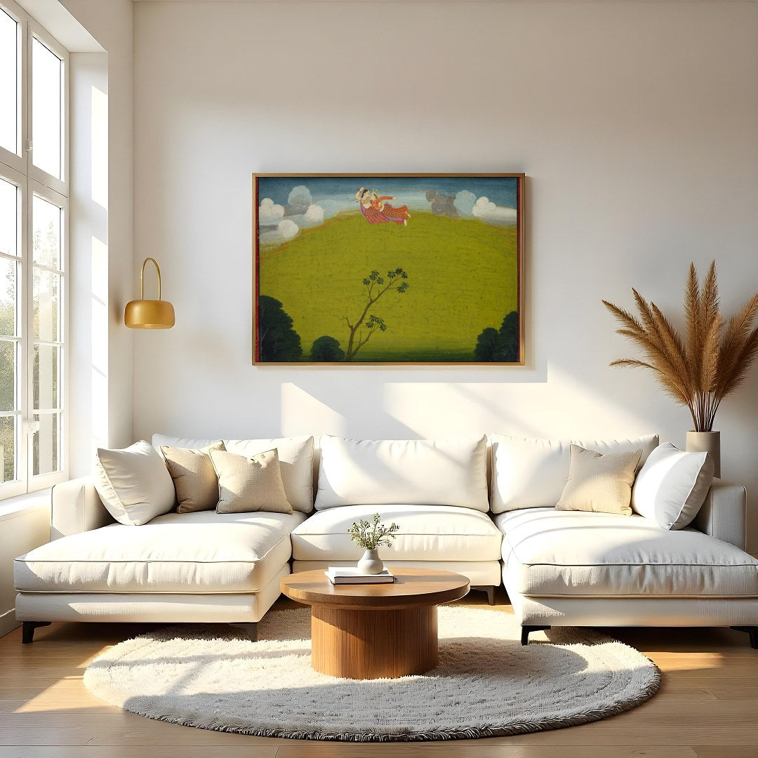 Experience the surreal beauty of 'Whimsical Flight Over Verdant Hills', where vibrant characters for Living Room