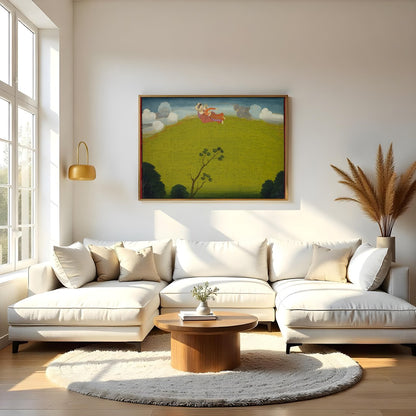 Experience the surreal beauty of 'Whimsical Flight Over Verdant Hills', where vibrant characters for Living Room