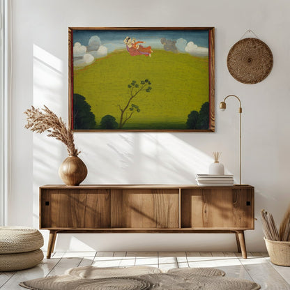 Experience the surreal beauty of 'Whimsical Flight Over Verdant Hills', where vibrant characters for Sitting Area