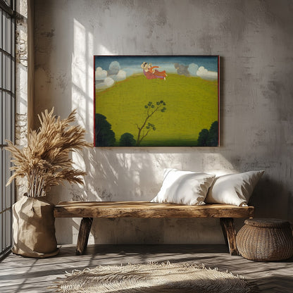 Experience the surreal beauty of 'Whimsical Flight Over Verdant Hills', where vibrant characters for Veranda
