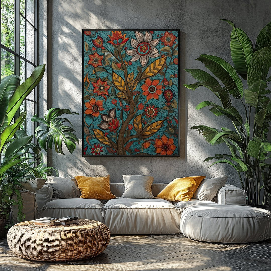 This vibrant piece features an intricate tapestry of blooming flowers set against a serene teal for Balcony