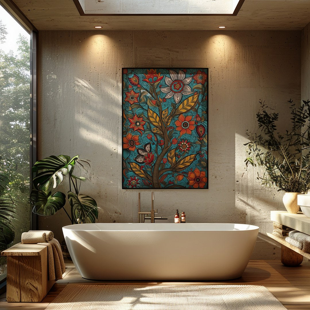 This vibrant piece features an intricate tapestry of blooming flowers set against a serene teal for Bathroom