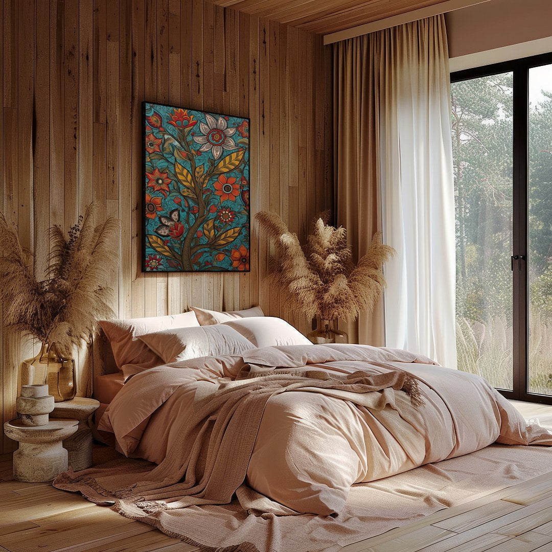This vibrant piece features an intricate tapestry of blooming flowers set against a serene teal for Bedroom