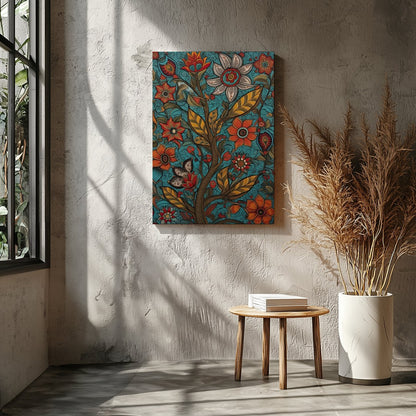 This vibrant piece features an intricate tapestry of blooming flowers set against a serene teal for Entrance