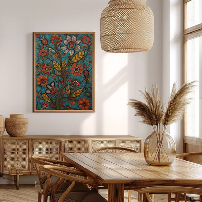 This vibrant piece features an intricate tapestry of blooming flowers set against a serene teal for Extra Kitchen
