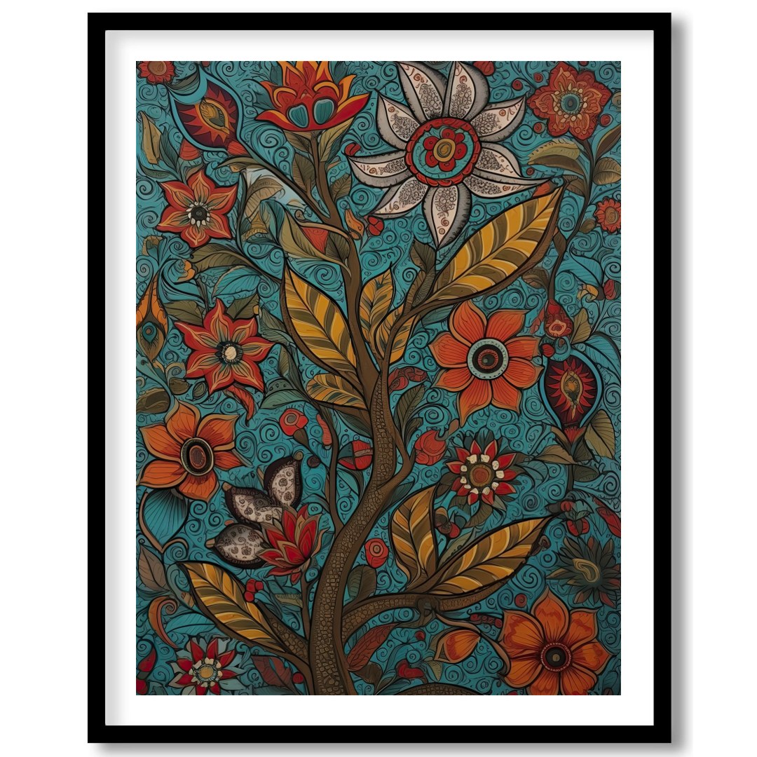 This vibrant piece features an intricate tapestry of blooming flowers set against a serene teal for gallery
