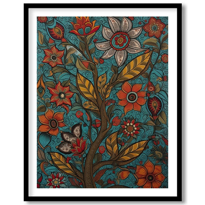 This vibrant piece features an intricate tapestry of blooming flowers set against a serene teal for gallery