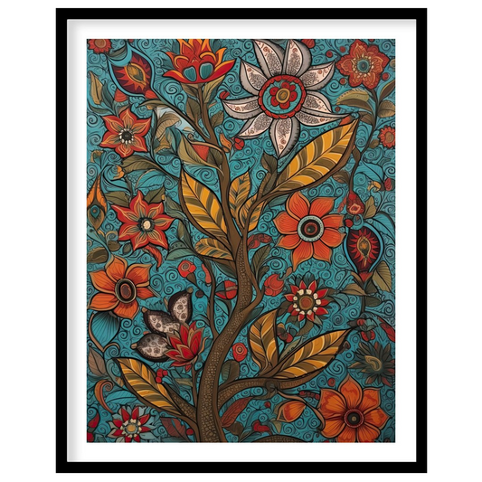 This vibrant piece features an intricate tapestry of blooming flowers set against a serene teal for gallery