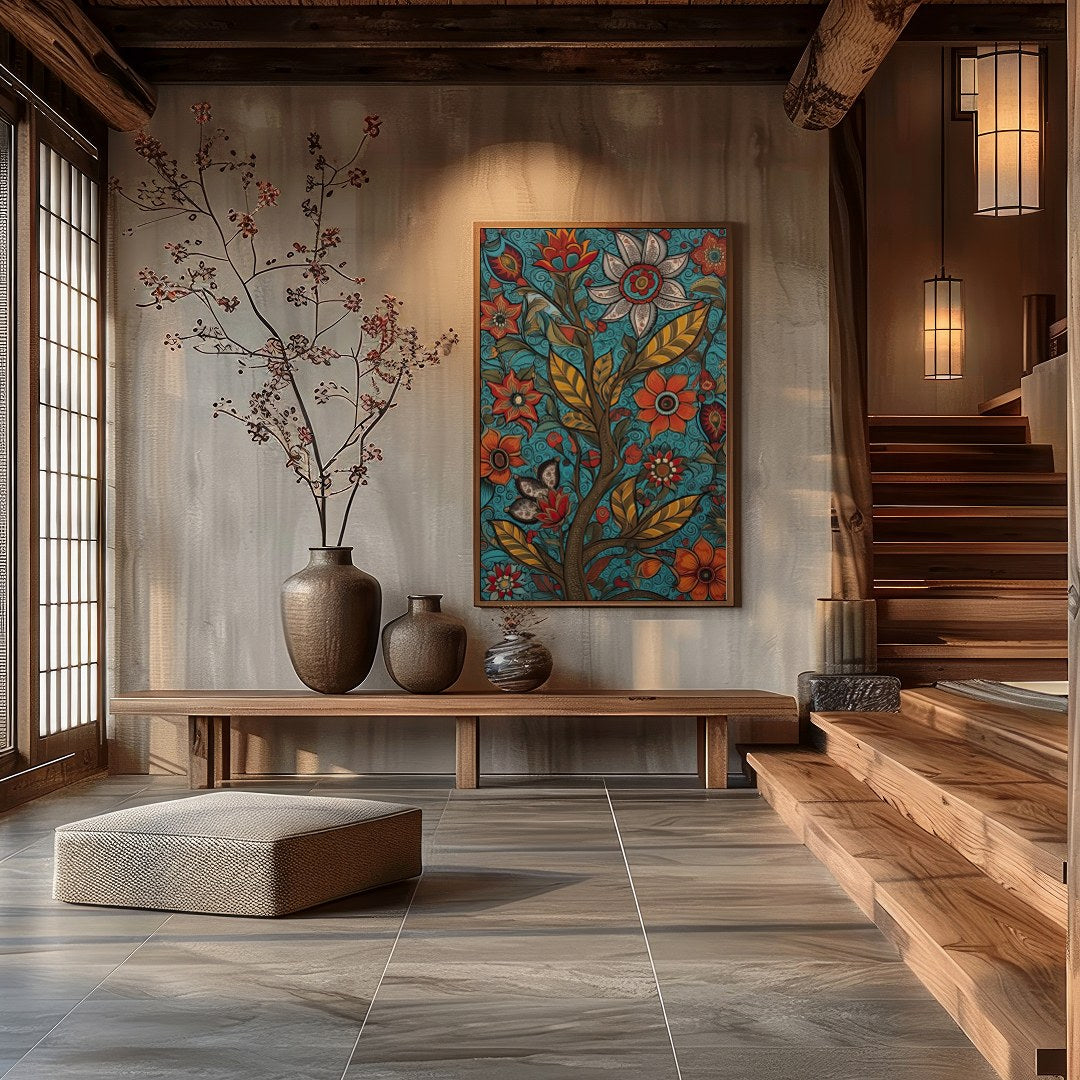 This vibrant piece features an intricate tapestry of blooming flowers set against a serene teal for Hall