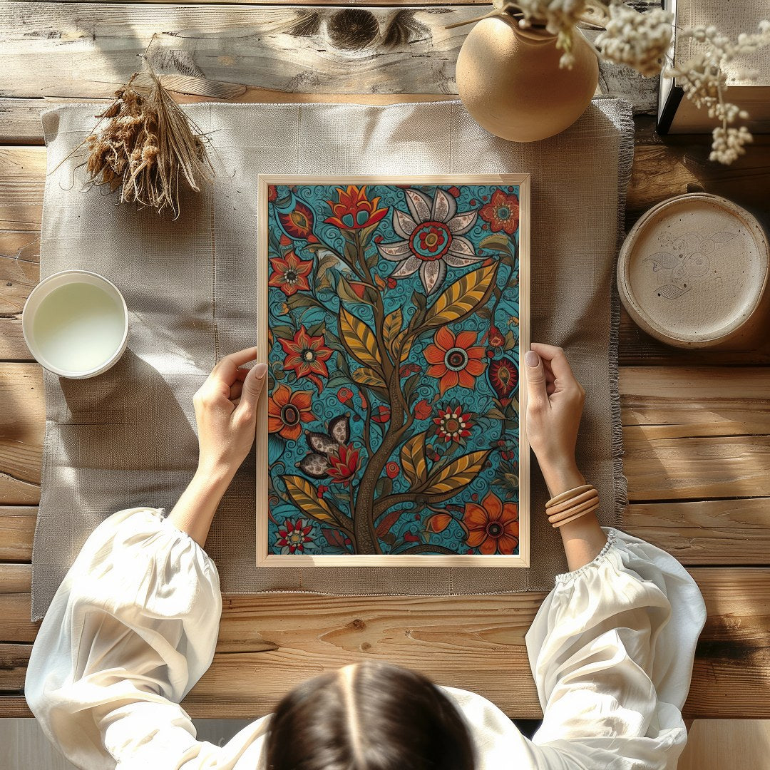 This vibrant piece features an intricate tapestry of blooming flowers set against a serene teal for Kitchen