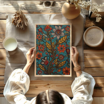 This vibrant piece features an intricate tapestry of blooming flowers set against a serene teal for Kitchen