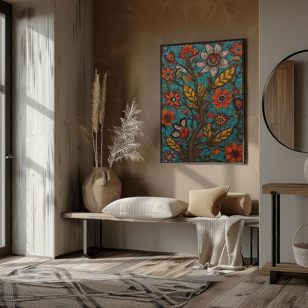 This vibrant piece features an intricate tapestry of blooming flowers set against a serene teal for sanctuary