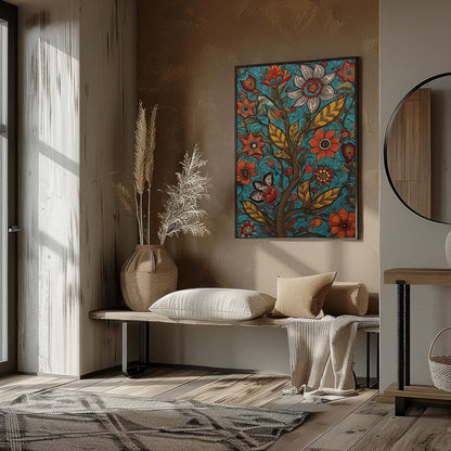 This vibrant piece features an intricate tapestry of blooming flowers set against a serene teal for sanctuary