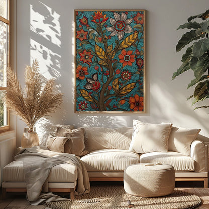 This vibrant piece features an intricate tapestry of blooming flowers set against a serene teal for Sitting Area